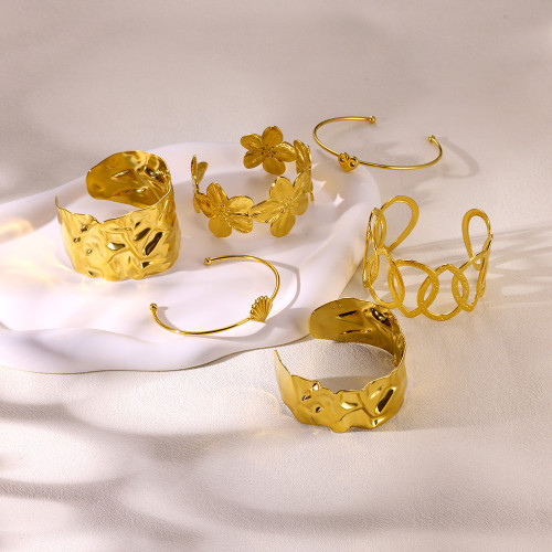 European and American New Style Stainless Steel Wide Flower Bracelet Ins Minimalist Open Geometric Heart Adjustable Bangle