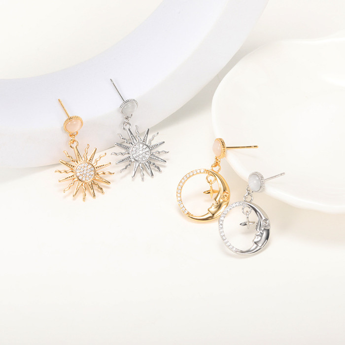 Korean Version Current Style Sun Moon Earrings Asymmetric Star Moon Ear Jewelry Niche Personality Ins Style Zircon Temperament Earrings