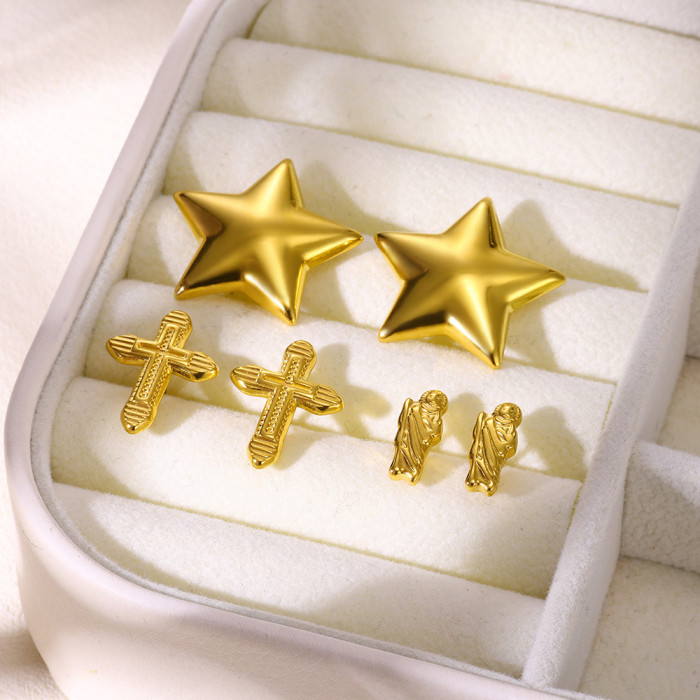 European and American New Fashion Personality Cross Earrings Creative Stainless Steel Gold-Plated Geometric Square Striped Jewelry for Women
