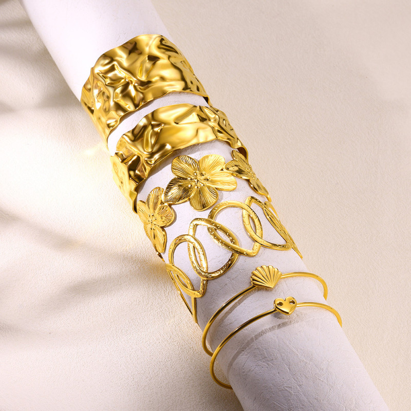 European and American New Style Stainless Steel Wide Flower Bracelet Ins Minimalist Open Geometric Heart Adjustable Bangle