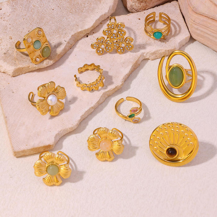 Cross-Border Multicolor Ring Titanium Steel Versatile Niche High-End Imitation Jade Versatile Retro Style Ring for Women Gold Plated