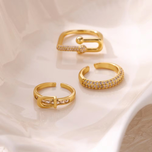 European and American New Style Copper Gold-Plated Geometric Ring Women's Belt Shape Open Ring Light Luxury Manufacturer Dropshipping
