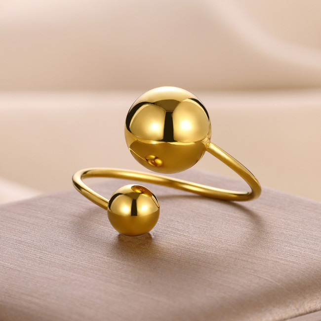Cross-Border New Gold Color Steel Color Irregular Two-Ball Open Ring Round Ball Adjustable High-End Feel Index Finger Ring