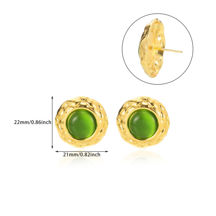 Cross-Border European and American Retro Multicolor Cat Eye Small Round Pancake Diamond Pattern Earrings Colorful Gold-Edged Button Style Stainless Steel Earrings