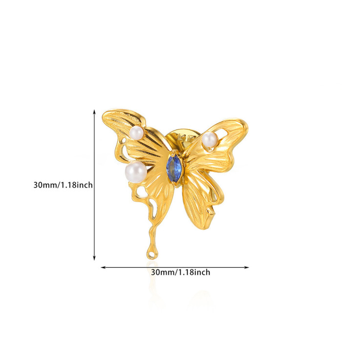 Hot Selling Fashion Stainless Steel Gold-Plated Butterfly Brooch Zircon Imitation Pearl Sweet Cute Insect Brooch Pin Clothing Accessory