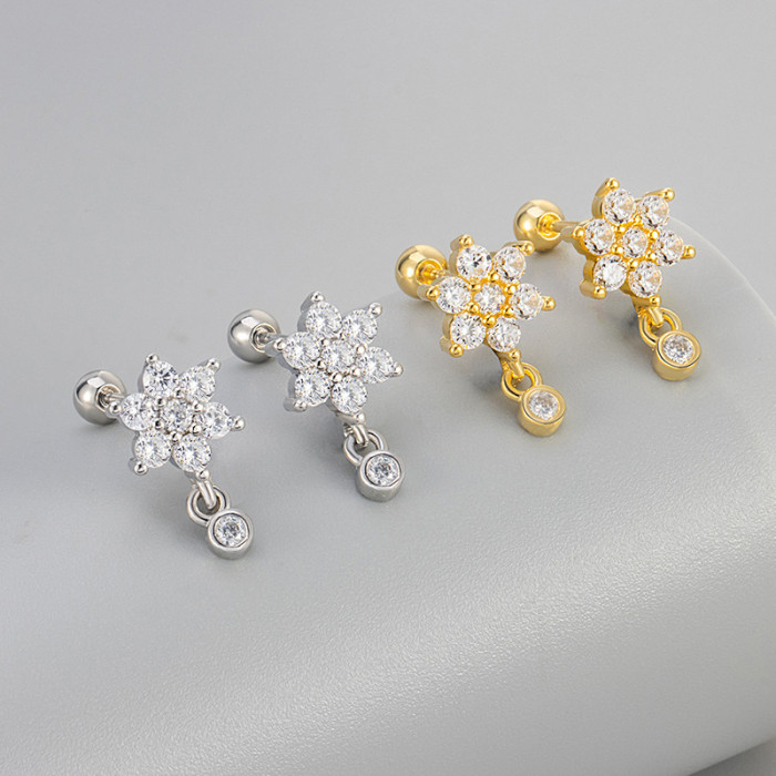 European and American Cross-Border Snowflake Sparkling Screw Twist Earrings Versatile High-End Light Luxury Design Personality Zircon Women's Earrings