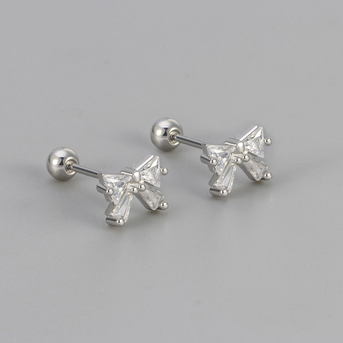 New Sweet Bow Zircon Screw Twist Earrings for Women, New Fashion Ear Bone Studs, Simple and Elegant Ear Jewelry