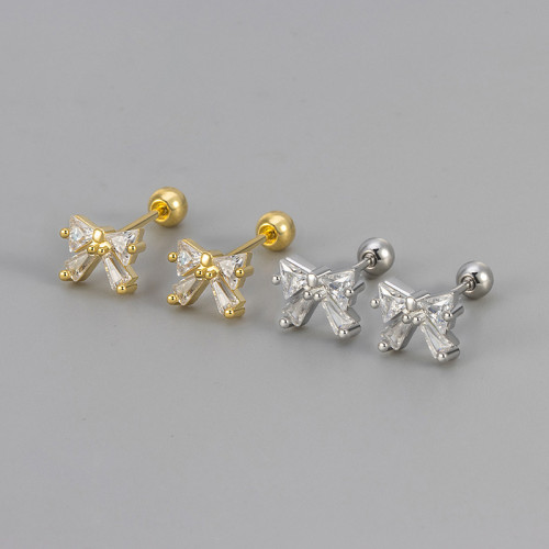 New Sweet Bow Zircon Screw Twist Earrings for Women, New Fashion Ear Bone Studs, Simple and Elegant Ear Jewelry