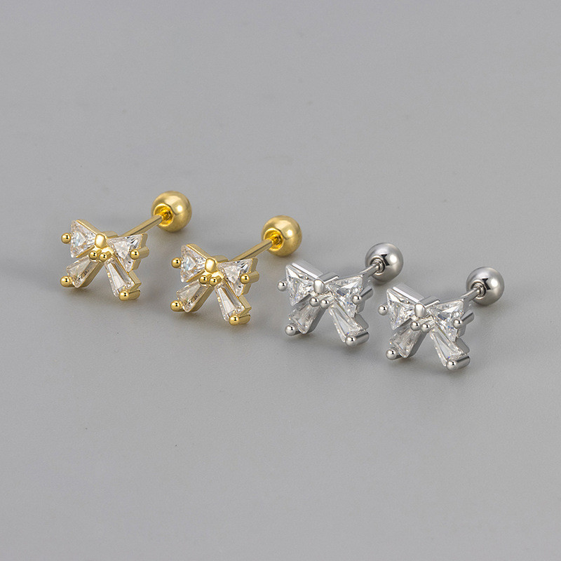 New Sweet Bow Zircon Screw Twist Earrings for Women, New Fashion Ear Bone Studs, Simple and Elegant Ear Jewelry