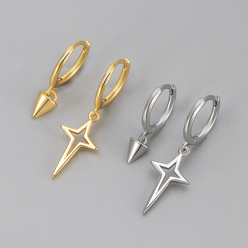 Asymmetric Cone-Shaped Four-Pointed Star Earrings Ear Clips Light Luxury Niche Design Personality Smooth New Earrings