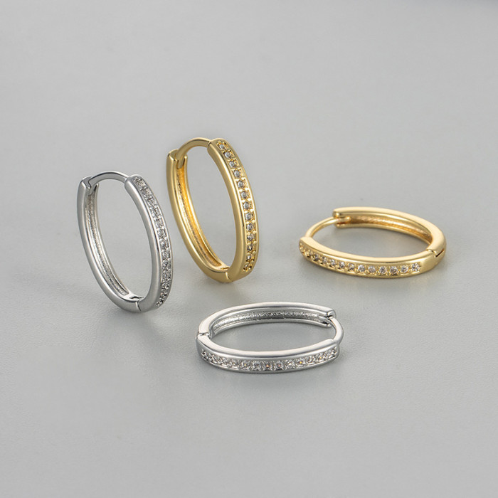 New European and American Cross-Border Oval Earrings with Row of Rhinestones, Niche Simple Versatile Women's Hoop Earrings Jewelry
