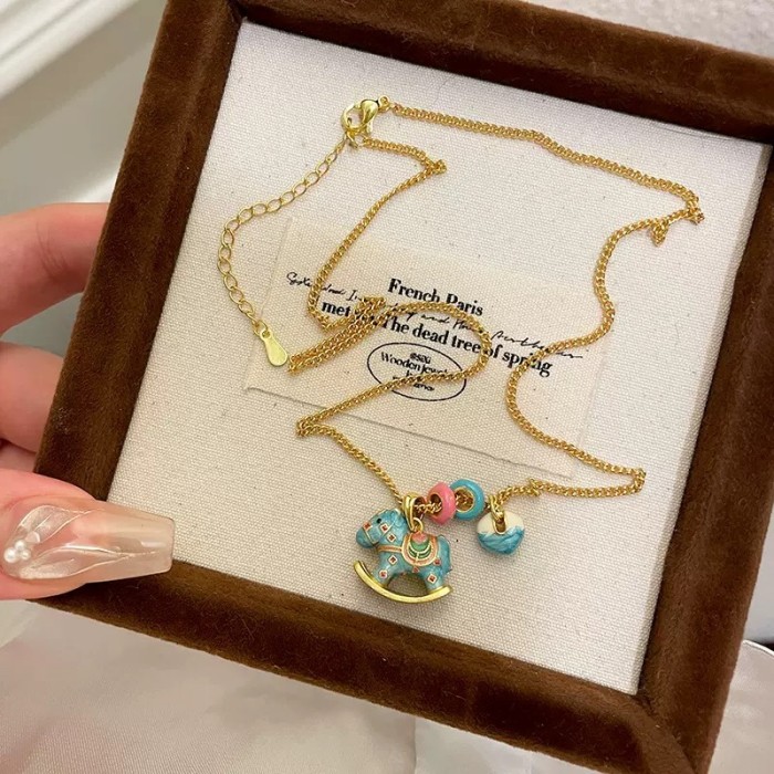 Cartoon Enamel Dripping Carousel Pendant Necklace Fashion Childlike Colorful Dopamine Donut Clavicle Chain