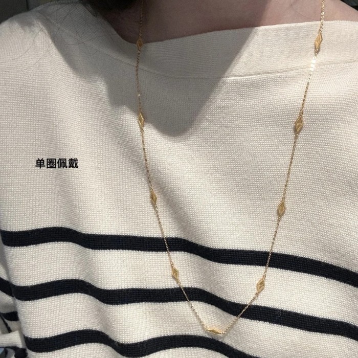 New Vintage Gold Double-Sided Stone Necklace New Chinese Style Simple Niche Long Layered Sweater Chain