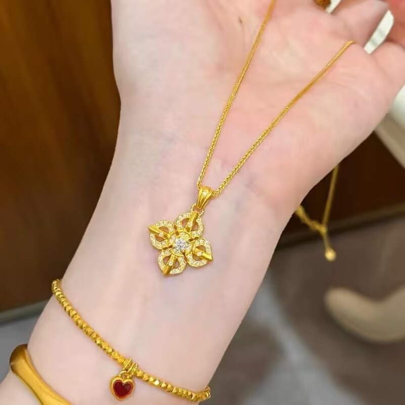 Vajra Necklace Gold-Plated New Chinese Style National Style Four-Leaf Flower Vintage Exquisite Fashion High-End Full Diamond Sparkling Pendant