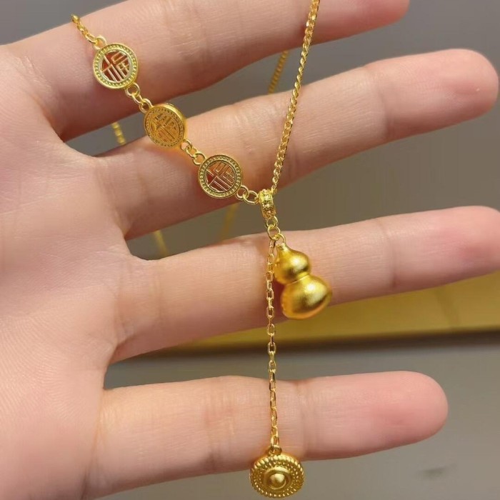 Fu Character Lucky Lucky Calabash Pendent Necklace Women's Ancient Style Alluvial Gold Tassel Retro All-Match Fashion...