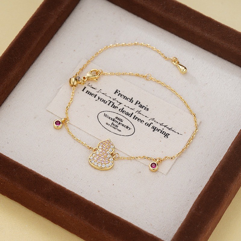 Luxury High-End Full Diamond Gradient Pink Corundum Gourd Bracelet Necklace National Style Fashion Niche Design Set for Women