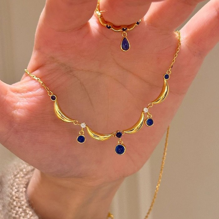 Xiaohongshu Hot-Selling Ancient Glass Craft Blue Water Drop Series French Retro Sapphire Tassel Necklace