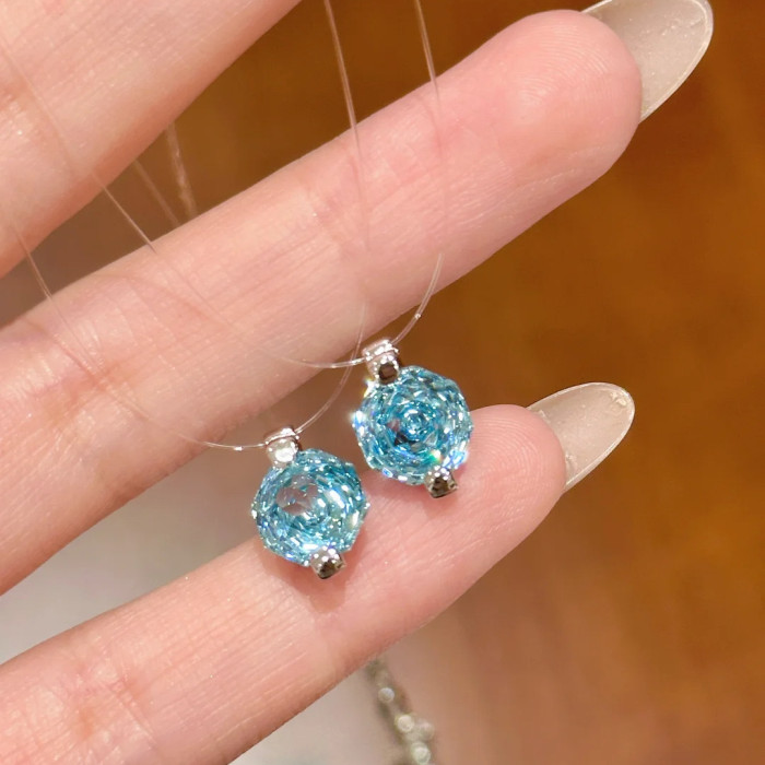 Imported Invisible Fish Line Mermaid Tears Necklace Light Luxury Versatile Octagonal Rose Cut Aquamarine Zircon Colla...