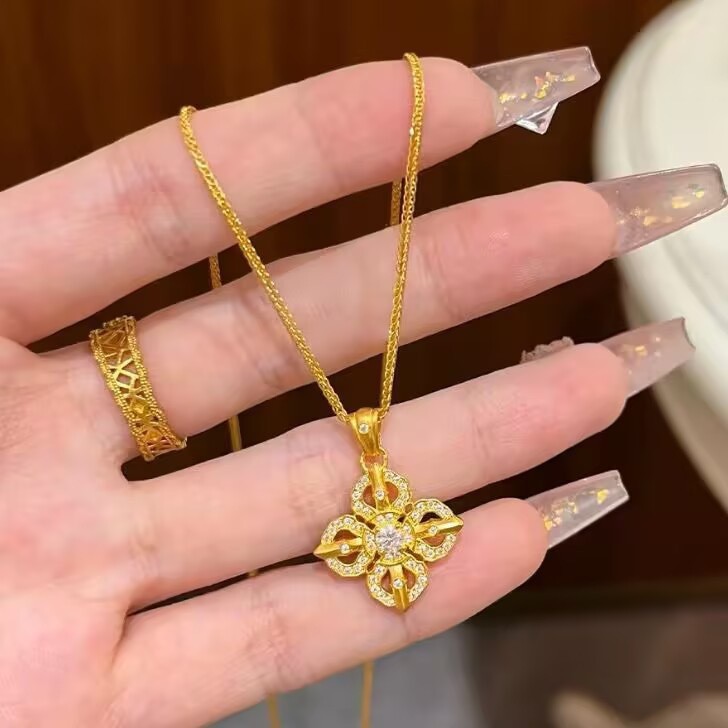 Vajra Necklace Gold-Plated New Chinese Style National Style Four-Leaf Flower Vintage Exquisite Fashion High-End Full Diamond Sparkling Pendant