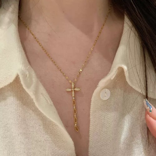 Vintage Style Sparkling Full Diamond Star Necklace Light Luxury High-end Fish Scale Layered Cross Tassel Collarbone Chain for Women