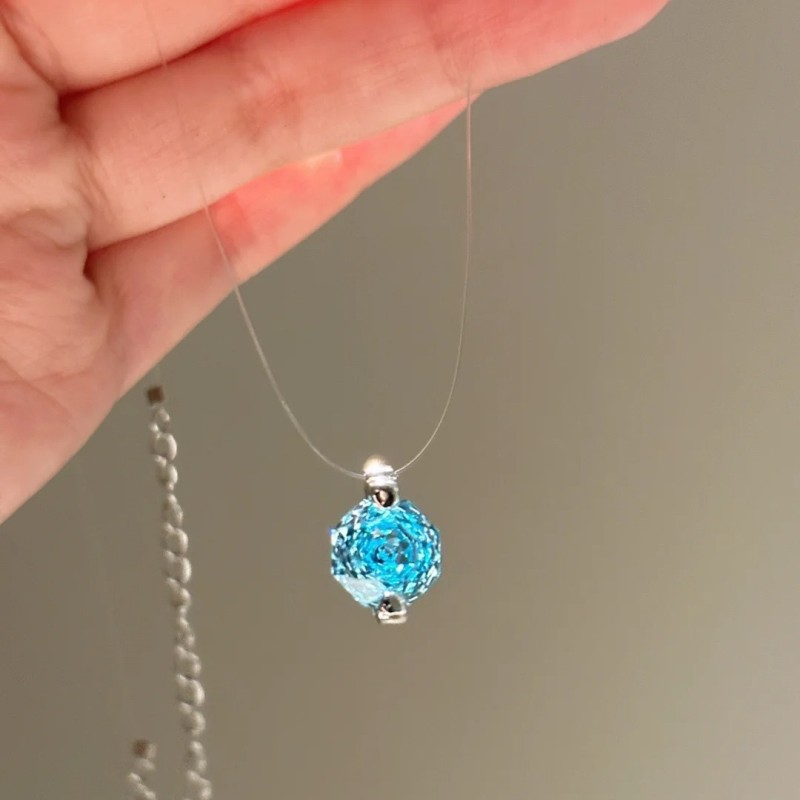 Imported Invisible Fish Line Mermaid Tears Necklace Light Luxury Versatile Octagonal Rose Cut Aquamarine Zircon Collarbone Chain for Women