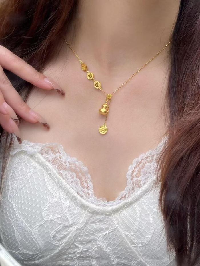 Fu Character Lucky Lucky Calabash Pendent Necklace Women's Ancient Style Alluvial Gold Tassel Retro All-Match Fashion...