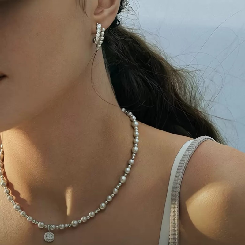 New Style Genuine Gray Shijia Pearl Necklace Summer Women's High-End Light Luxury Sugar Cube Zircon Pendant Collarbone Chain