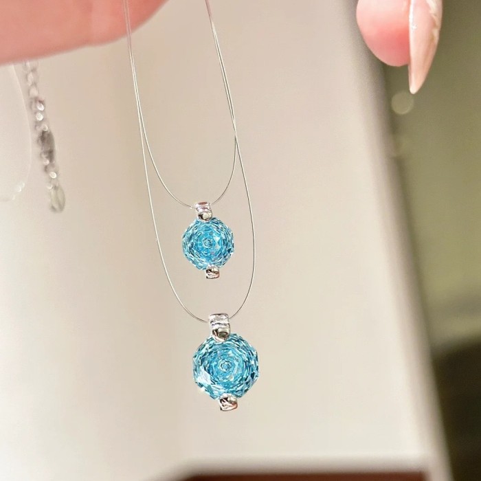 Imported Invisible Fish Line Mermaid Tears Necklace Light Luxury Versatile Octagonal Rose Cut Aquamarine Zircon Colla...