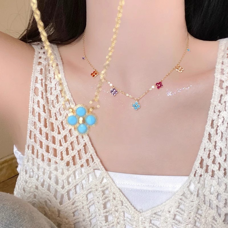 Forest Style Four-Leaf Clover Necklace for Women, Light Luxury Colorful Zircon, Fashionable High-End European and American Trend, Exquisite Collarbone Chain