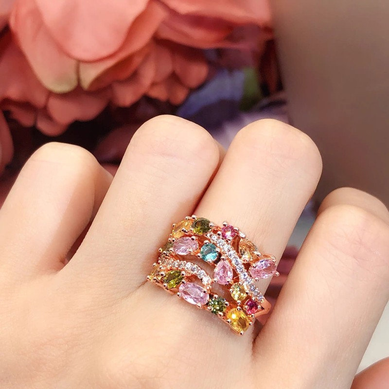 Heavy Craft Temperament Gaia Goddess Imitation Natural Tourmaline Bracelet with Diamonds Candy Color Rose Manor Ring Rainbow Set