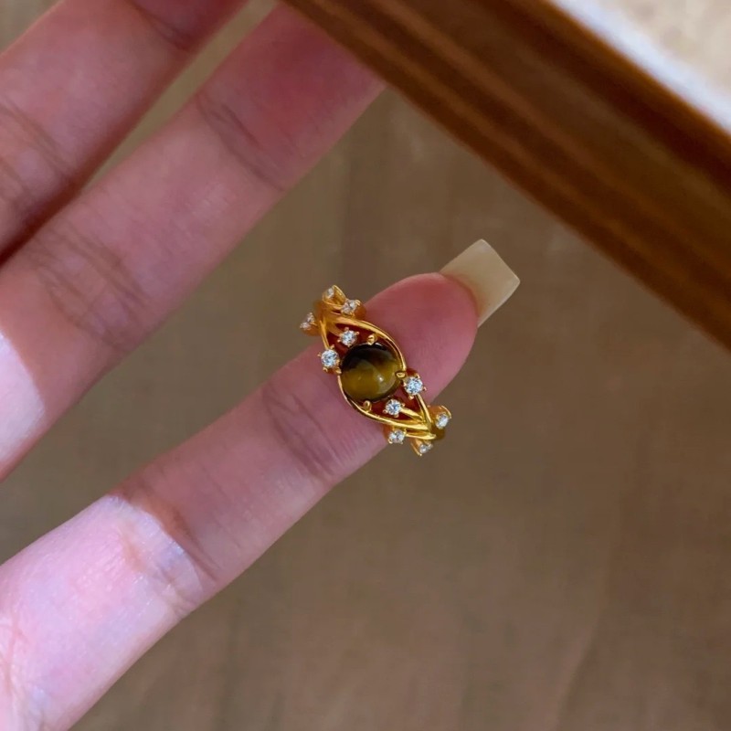 Nano Coating Strong Color Retention Vintage Melad Natural Tiger Eye Stone Ring Light Luxury High-end Sense Tengman Tiger Eye Ring