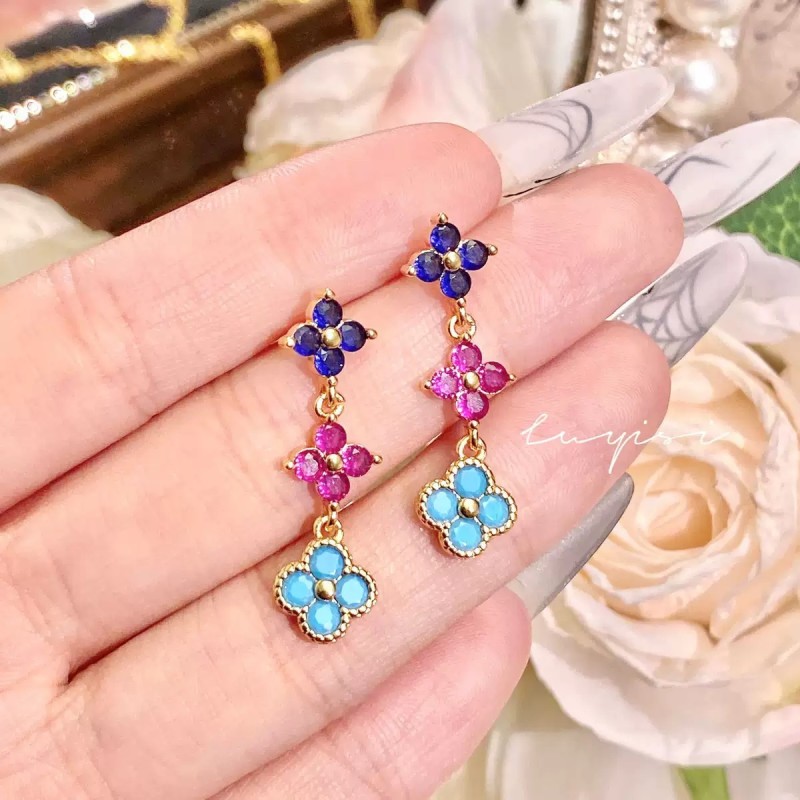 New Dopamine Four-leaf Clover Earrings French Retro Colorful Earrings with Rhinestones
