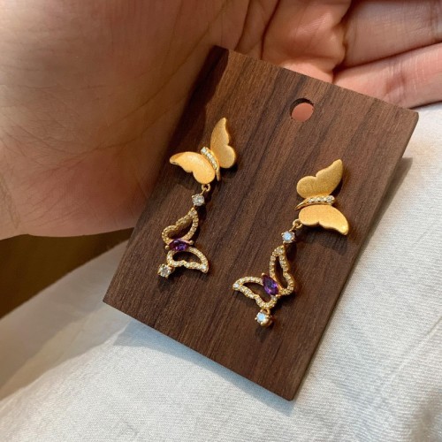 Light Luxury High-End Vintage Style Brushed Purple Diamond Brushed Butterfly Earrings Fashionable Exquisite Elegant Ear Jewelry
