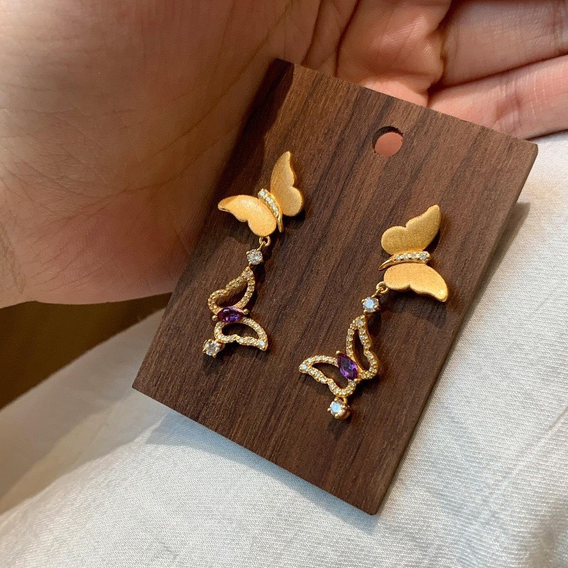 Light Luxury High-End Vintage Style Brushed Purple Diamond Brushed Butterfly Earrings Fashionable Exquisite Elegant Ear Jewelry
