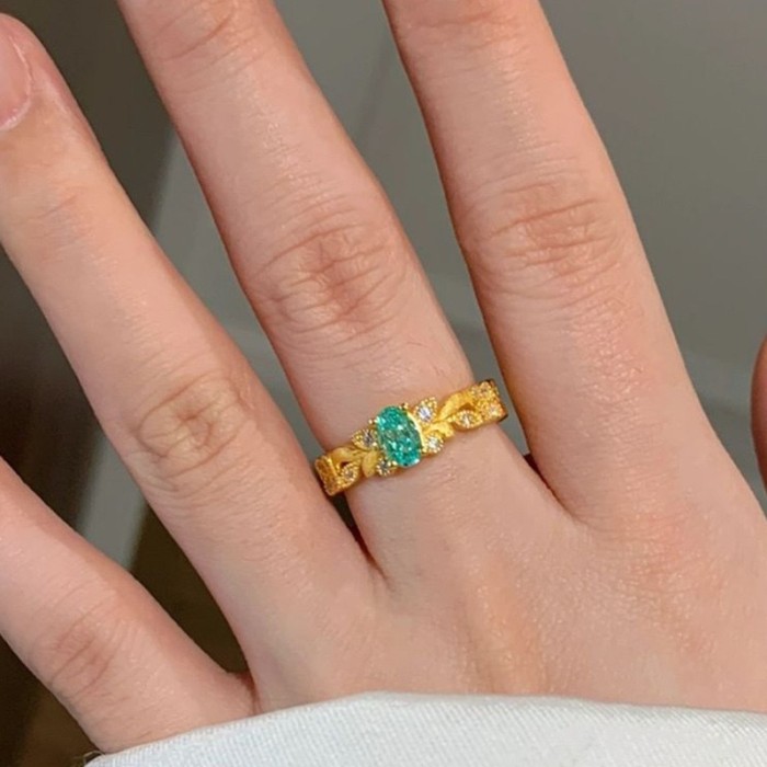 Xiaohongshu Hot-Selling Wheat Spike Pigeon Egg Ring for Women, Ancient Method Sand Gold, Brightening Mint Green Brushed Ring