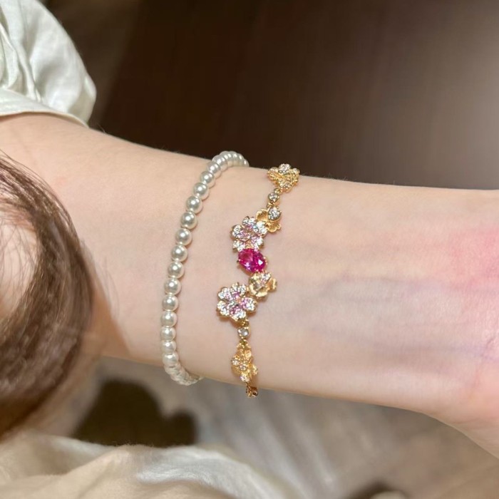 Luxury High-End Brushed Floral Bracelet Vintage Sparkling Paraiba Stretch Bracelet for Women