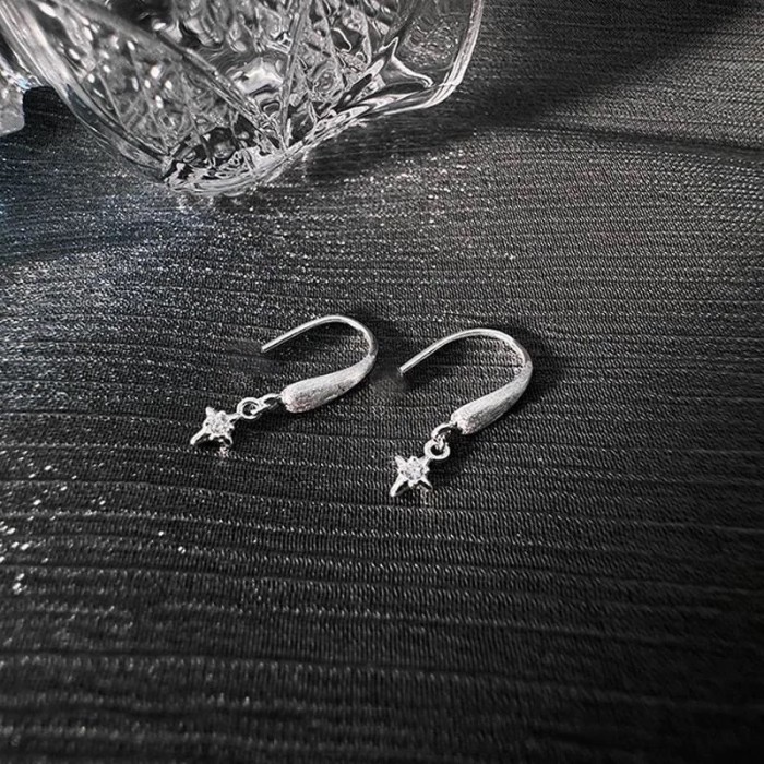Cross Star Ear Hooks Fashion Unique Creative Sense Temperament Earrings Brushed Texture Four-Pointed Star Water Drop Inlaid Diamond Earrings