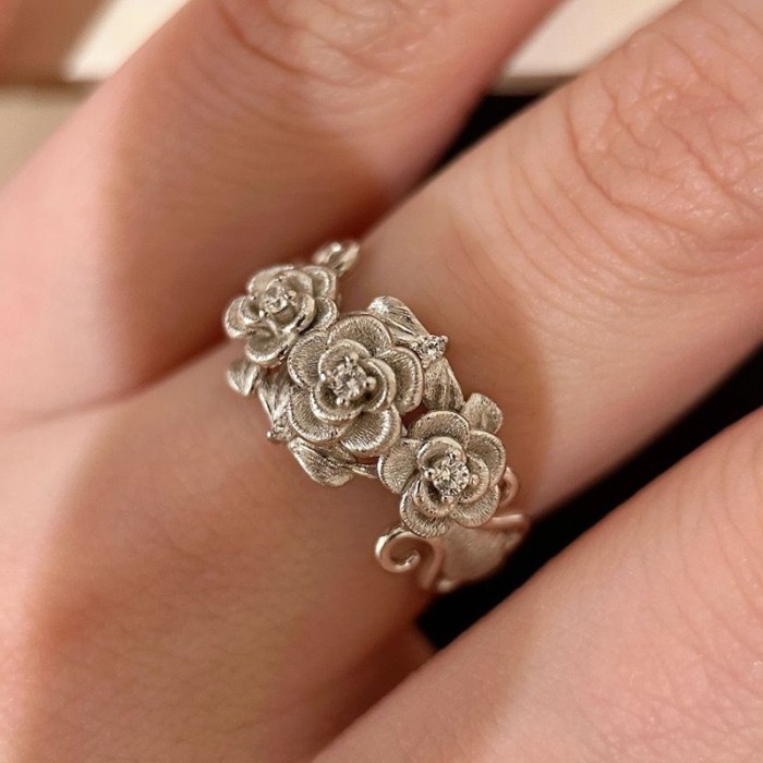 Xiaohongshu Hot-Selling Vintage Silver Brushed Rose Flower Ring Retro Fashion Personality Temperament Ring