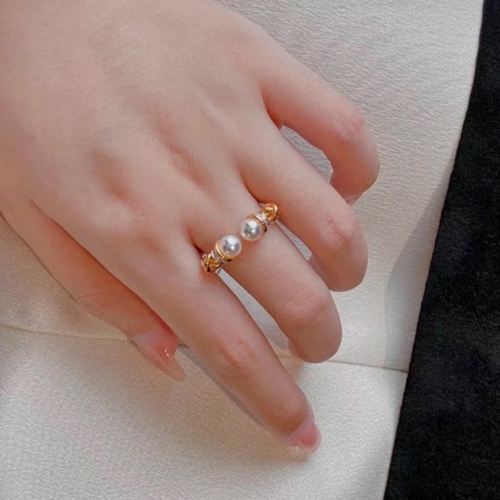 Vintage Second-Hand Pearl Ring Retro Full Diamond Elegant High-End Light Luxury Pearl Edge Lace Bamboo Knot Band Ring for Women