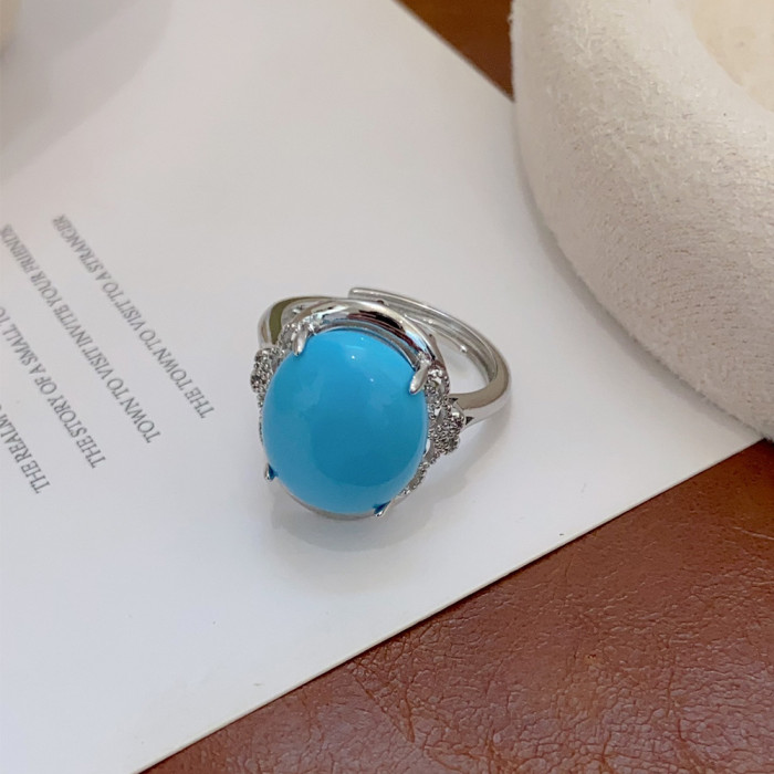 European and American Foreign Trade Jewelry Source Personality Exaggerated Large Ring Blue Agate Ring Adjustable Open Ring
