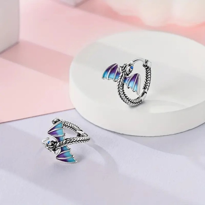 Silver-Plated Dragon Wing Earrings Unisex Hip-Hop Daily Party Flying Dragon Wing Resin Ear Clips