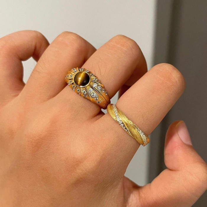 Vintage Brushed Melad Natural Tiger Eye Stone Ring Light Luxury High-end Feel Stackable Super Shiny Micro-inlaid Wide...