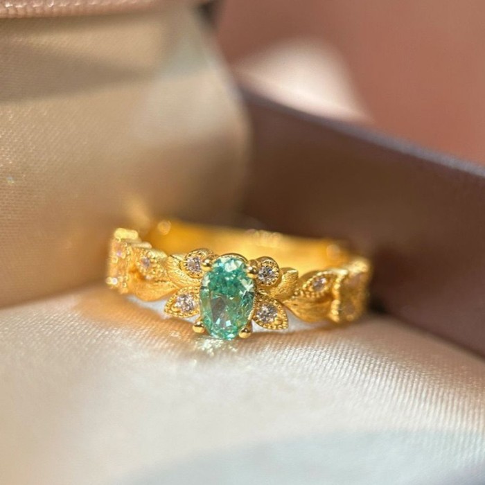 Xiaohongshu Hot-Selling Wheat Spike Pigeon Egg Ring for Women, Ancient Method Sand Gold, Brightening Mint Green Brushed Ring