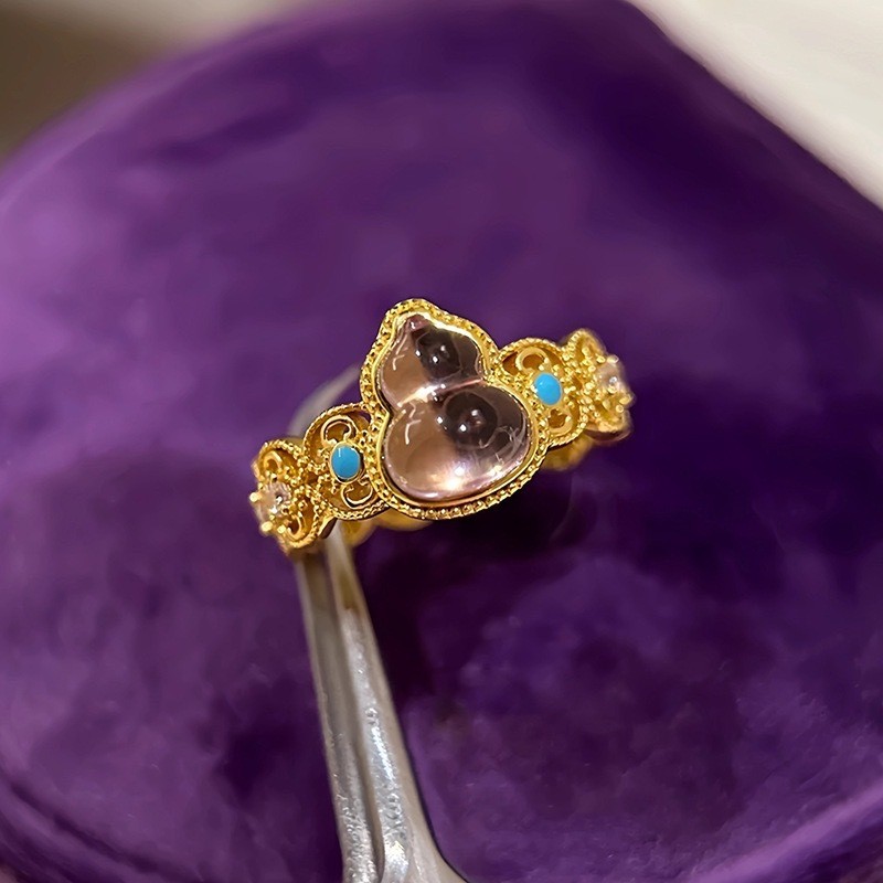 New Chinese Style Jade Gourd Ancient Method Ring Artistic Ancient Style Hollow Lace Inlaid Diamond Niche Design Sense Index Finger Ring for Women