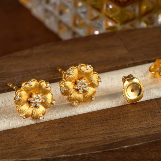 Silk Shiny Brushed Earrings for Women Craft Peony Flower Petals Inlaid with Diamonds Romantic Luxurious Flower Earrings