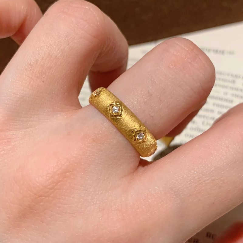 French Light Luxury Retro Brushed Hexagram Inlaid Diamond Ring Vintage Style Design High-end Temperament High Color Retention Index Finger Ring