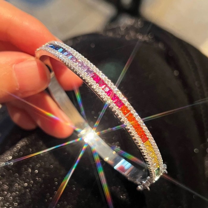 Internet Celebrity Lulu Style Light Luxury Colorful Gem Bracelet Heavy Craft Micro Inlay High Carbon Diamond Zirconia Multicolored Tourmaline Clasp Bracelet