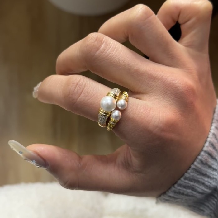 Vintage Second-Hand Pearl Ring Retro Full Diamond Elegant High-End Light Luxury Pearl Edge Lace Bamboo Knot Band Ring for Women