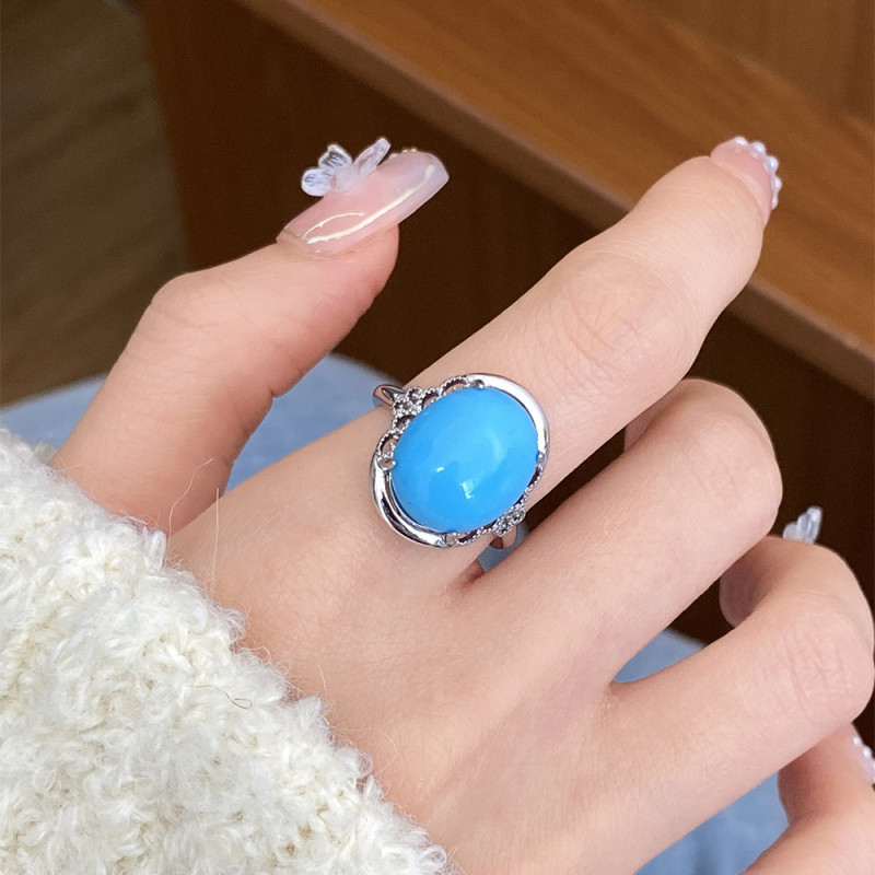 European and American Foreign Trade Jewelry Source Personality Exaggerated Large Ring Blue Agate Ring Adjustable Open Ring