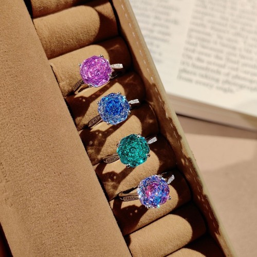Fashionable Light Luxury Octagonal Millennium Rose Cut Ring Fashion Inlaid High Carbon Diamond Rose Flower Paraiba Diamond Ring for Women